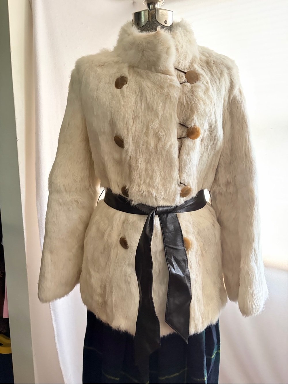 Vintage 70s cream rabbit fur coat with funnel neck and bell sleeves